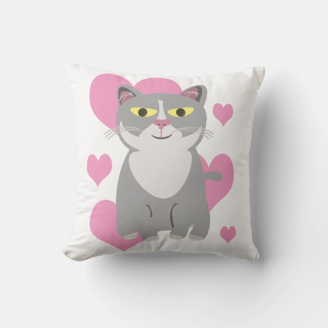 Cute Grey Cat Love Cartoon Fun Pet Design Cushion (Front)