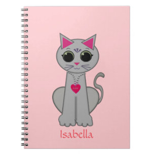 Cute Grey Cat & Name Calligraphy on Pink Notebook