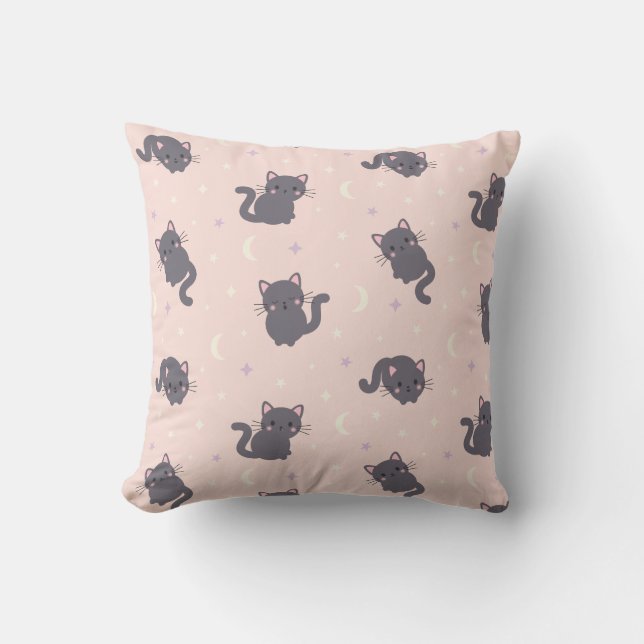 Cute Grey Cat Pink Throw Pillow (Front)