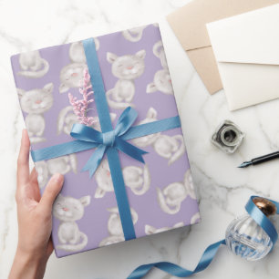 Cute Grey Cat Simple Purple Animal Birthday Wrapping Paper