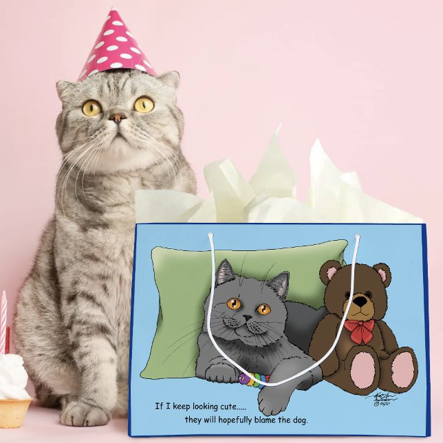 Cute Grey Cat Teddy Bear Funny Blue Large Gift Bag (Creator Uploaded)