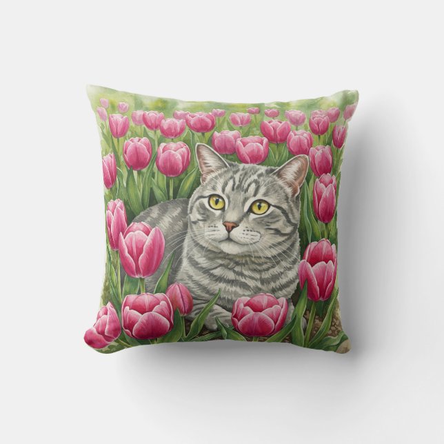 Cute Grey Cat Tulips Spring Pillow (Front)