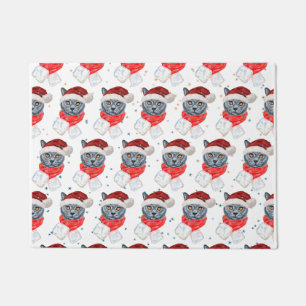 Cute Grey Cat Watercolor with Scarf Doormat