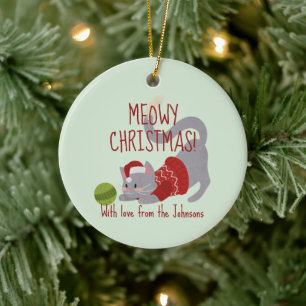 Cute Grey Cat with Christmas Hat Ceramic Tree Decoration