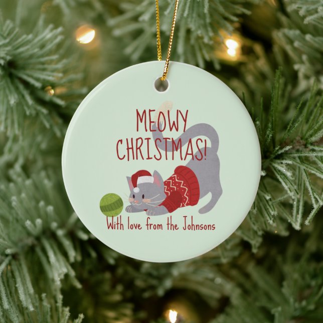 Cute Grey Cat with Christmas Hat Ceramic Tree Decoration (Tree)