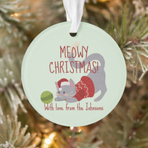 Cute Grey Cat with Christmas Hat Ornament