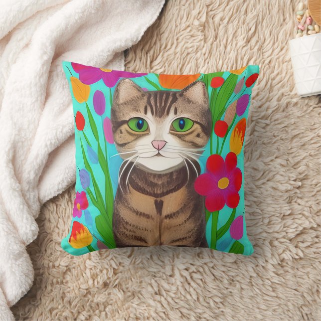 Cute Grey Cat with Colourful Flowers Cushion (Blanket)