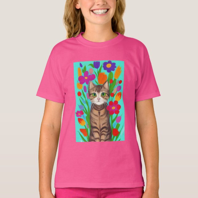 Cute Grey Cat with Colourful Flowers T-Shirt (Front)