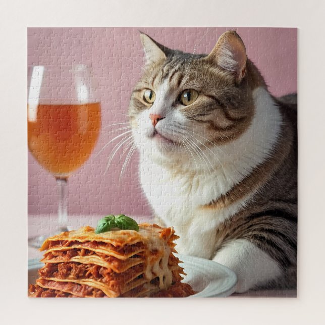 Cute Grey Cat with Lasagne and Wine Glass Jigsaw Puzzle (Vertical)