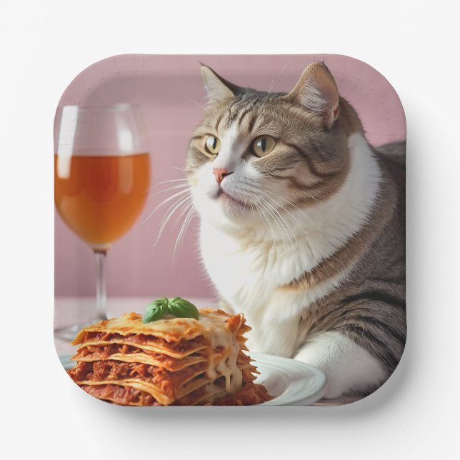 Cute Grey Cat with Lasagne and Wine Glass Paper Plate (Front)