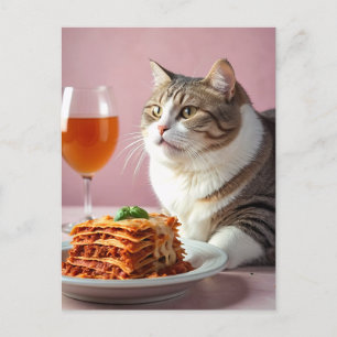 Cute Grey Cat with Lasagne and Wine Glass Postcard