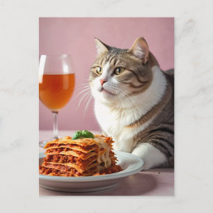 Cute Grey Cat with Lasagne and Wine Glass Postcard