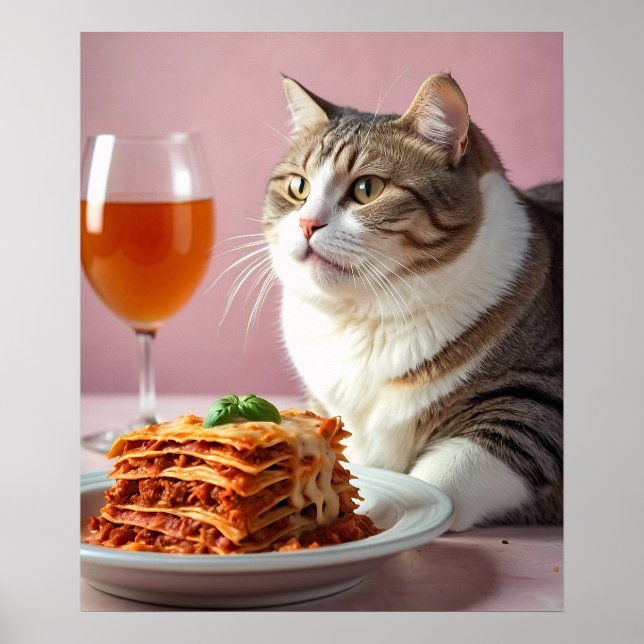 Cute Grey Cat with Lasagne and Wine Glass Poster (Front)