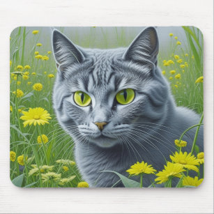 Cute Grey Cat with Yellow Eyes Ai Art Mouse Pad