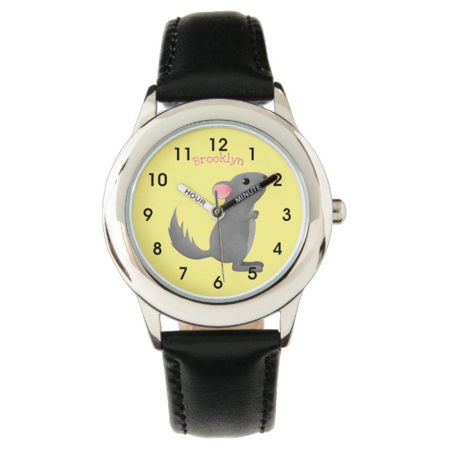 Cute grey chinchilla cartoon illustration  watch (Front)