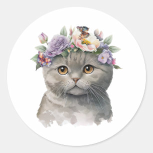 Cute Grey Colour Cat with Flowers & Butterflies Classic Round Sticker