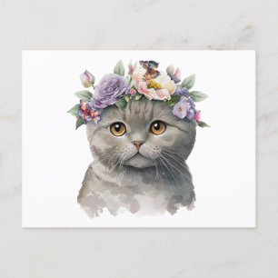 Cute Grey Colour Cat with Flowers & Butterflies  Postcard