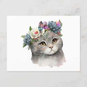 Cute Grey Colour Cat with Flowers Cat Lover  Postcard