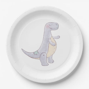 Cute Grey Dinosaur Toy Watercolor Paper Plate