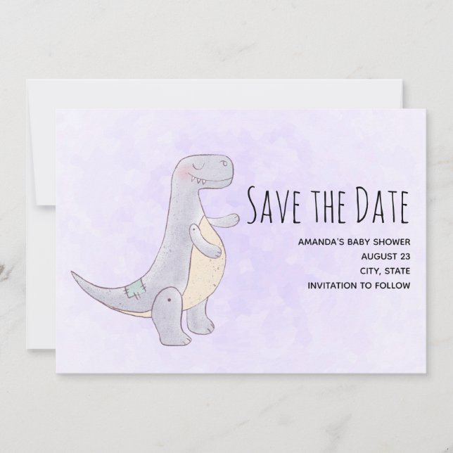 Cute Grey Dinosaur Toy Watercolor  Save The Date (Front)