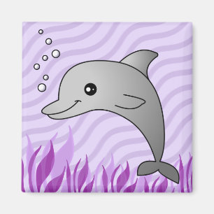 Cute Grey Dolphin in Purple Water Magnet