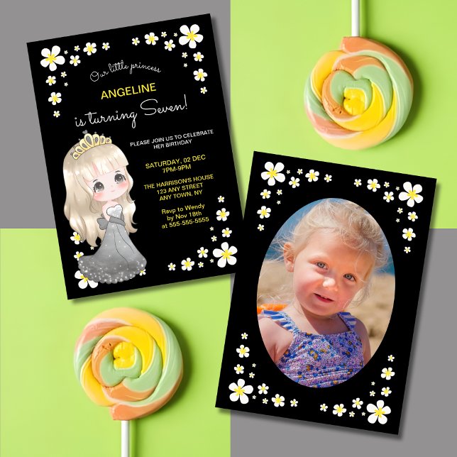 Cute Grey Dress Princess Floral Photo Birthday  Invitation (Creator Uploaded)