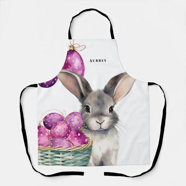 Cute Grey Easter Bunny  and Easter Eggs in Basket Apron (Front)