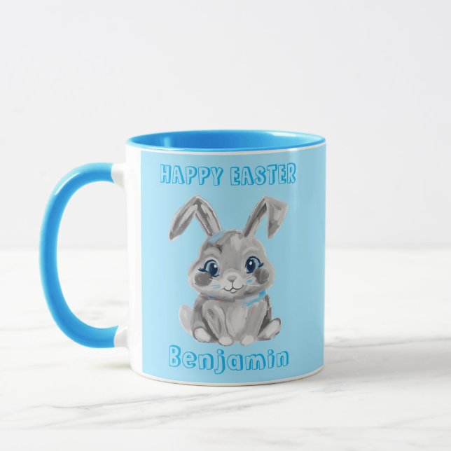 Cute Grey Easter Bunny Aqua Name Mug (Left)