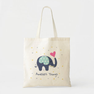 Cute Grey Elephant and Pink Heart Personalised Tote Bag