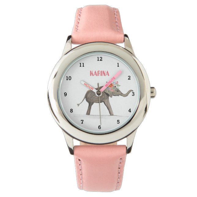 Cute Grey Elephant Animal Floral Girly Kids Watch (Front)