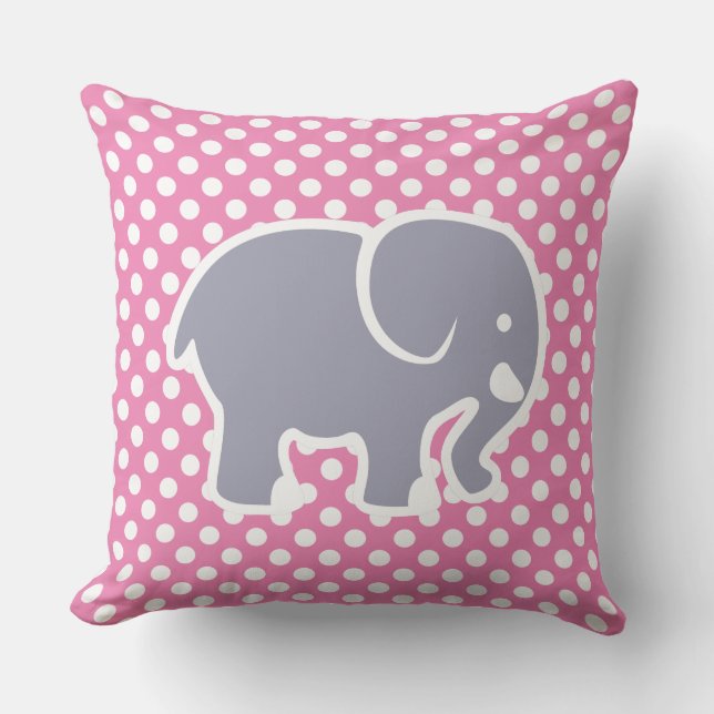 Cute Grey Elephant On Polka Dot pattern nursery Cushion (Front)