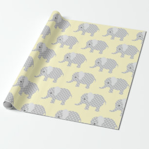 Cute Grey Elephants Pattern Kids Yellow Wrapping Paper