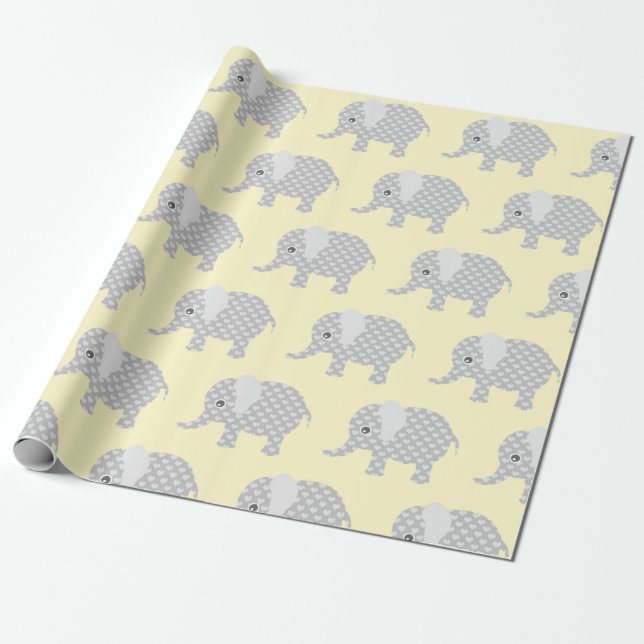 Cute Grey Elephants Pattern Kids Yellow Wrapping Paper (Unrolled)