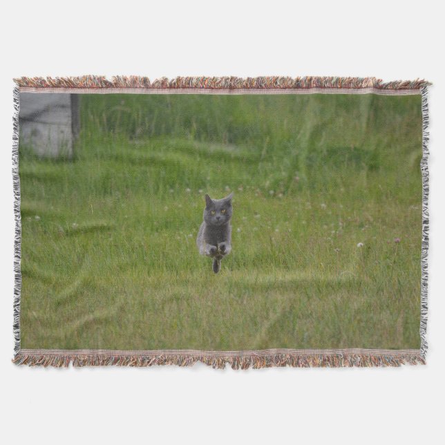 Cute Grey Farm Cat Racing Across Green Grass Photo Throw Blanket (Front)