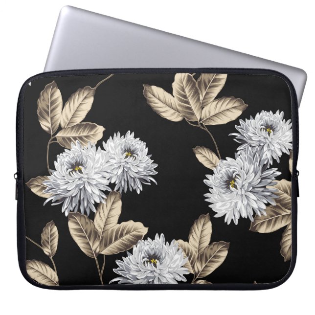 cute grey flowers with brown leaf pattern on black laptop sleeve (Front)