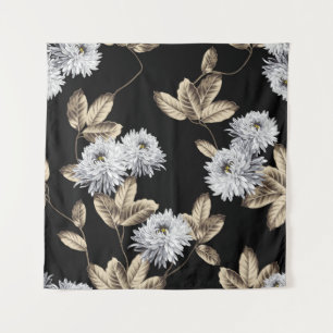 cute grey flowers with brown leaf pattern on black tapestry