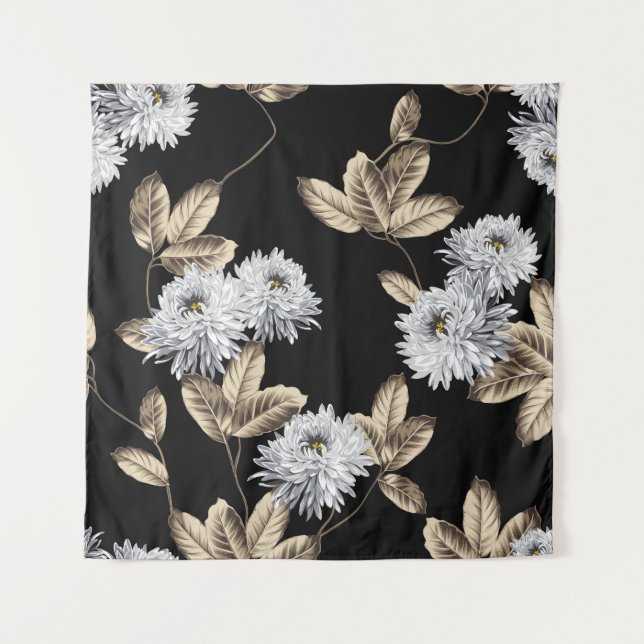 cute grey flowers with brown leaf pattern on black tapestry (Front)