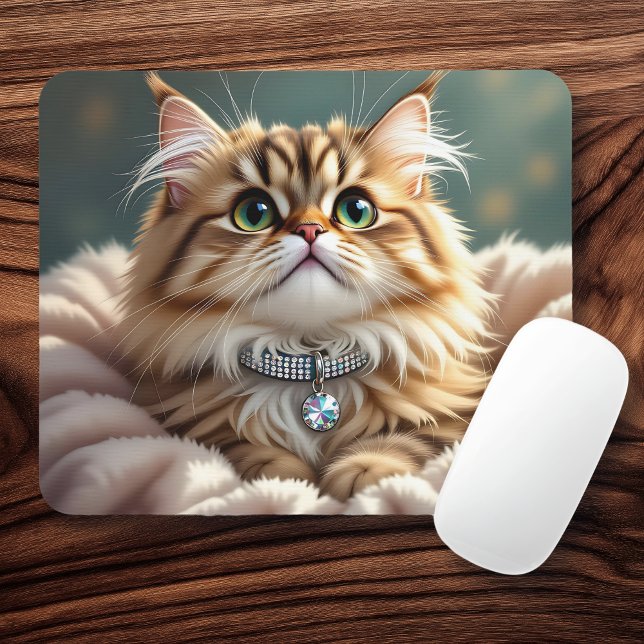 Cute Grey Fluffy Tabby Cat with Diamond Collar Mouse Pad (Creator Uploaded)