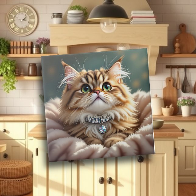 Cute Grey Fluffy Tabby Cat with Diamond Collar Tile (Creator Uploaded)