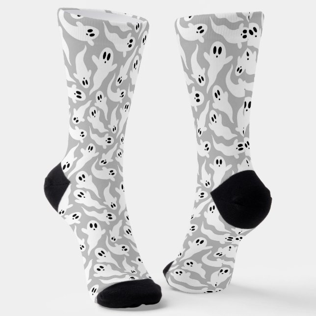 Cute Grey Ghost Halloween Pattern Socks (Angled)