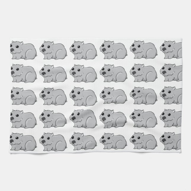 Cute Grey/Grey Cartoon Wombat Tea Towel (Horizontal)