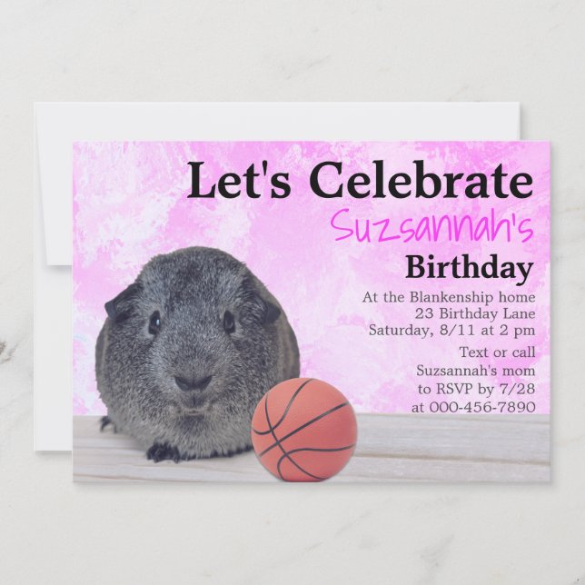 Cute Grey Guinea Pig Basketball Custom Party Invit Invitation (Front)