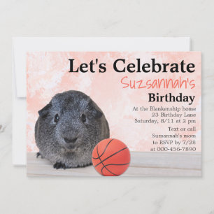 Cute Grey Guinea Pig Basketball Custom Party Invitation