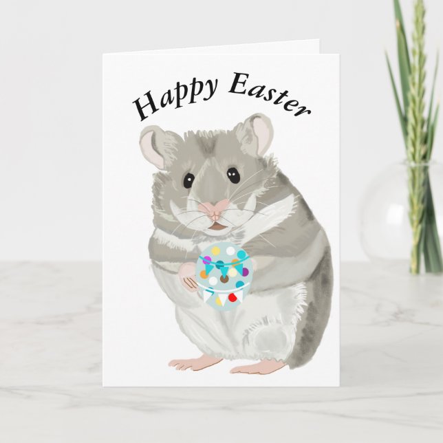 Cute Grey Hamster Holding an Easter Egg Editable  Card (Front)