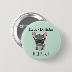 Cute grey happy birthday custom name pug dog blue 6 cm round badge
