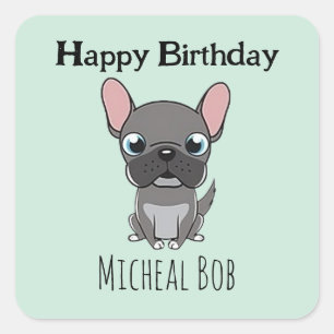 Cute grey happy birthday custom name pug dog blue square sticker
