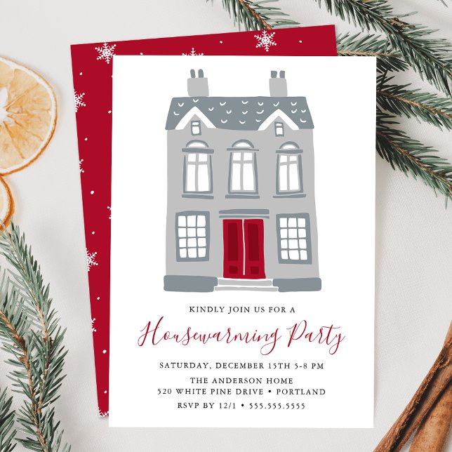 Cute Grey House With Red Door Holiday Housewarming Invitation (Creator Uploaded)