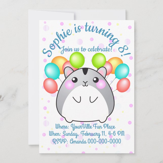 Cute Grey Kawaii Hamster Birthday Invitation (Front)