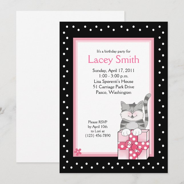Cute Grey Kitten 5x7 Pink Birthday Invitation (Front/Back)