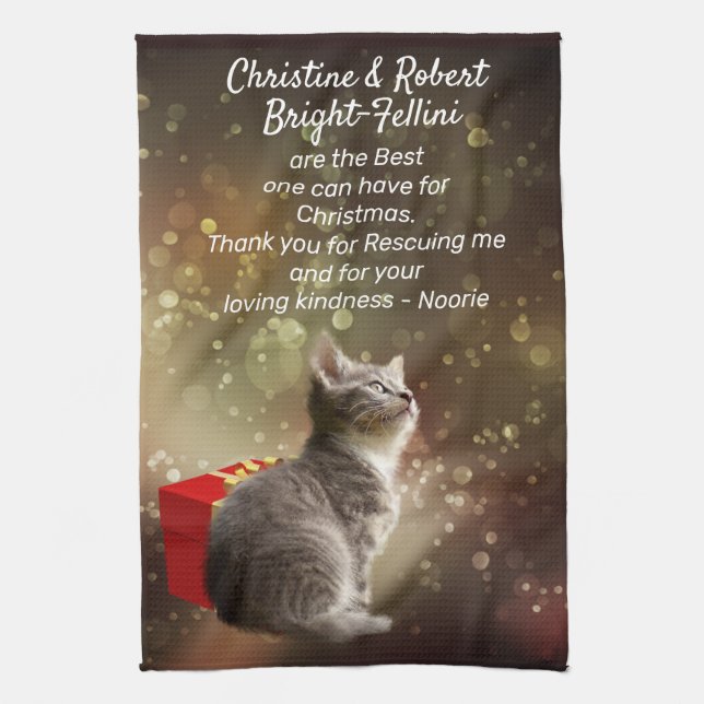 Cute grey Kitten and red box festive custom Xmas Tea Towel (Vertical)